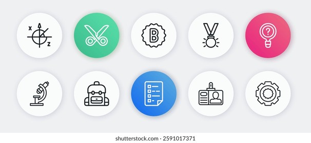 Set line Clipboard with checklist, Unknown search, Microscope, Identification badge, Medal, Exam paper incorrect answers, Gear and School backpack icon. Vector
