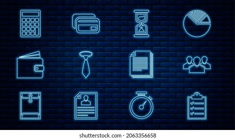 Set line Clipboard with checklist, Users group, Old hourglass, Tie, Wallet, Calculator, Document and Credit card icon. Vector