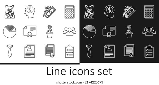 Set line Clipboard with checklist, Users group, Stacks paper money cash, Certificate template, Pie chart infographic, Face recognition, Dollar plant the pot and Business man planning mind icon. Vector