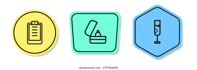 Set line Clipboard with checklist, Wedding rings and Glass of champagne. Colored shapes. Vector