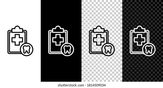 Set line Clipboard with dental card or patient medical records icon isolated on black and white background. Dental insurance. Dental clinic report. Vector.