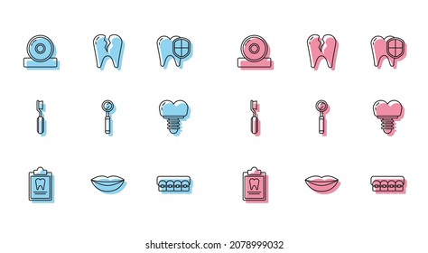 Set line Clipboard with dental card, Smiling lips, Otolaryngological head reflector, Teeth braces, Dental inspection mirror, implant, Toothbrush and Broken tooth icon. Vector