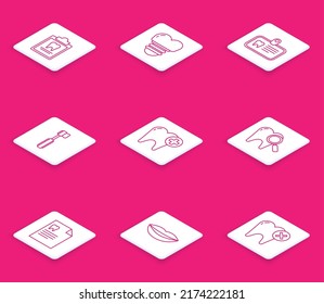 Set line Clipboard with dental card, Dental implant, Id tooth, Toothbrush, search,  and Smiling lips icon. Vector