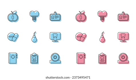 Set line Clipboard with dental card, Apple, Otolaryngological head reflector, Enema pear, Dental clinic location, Medicine pill tablet and implant icon. Vector