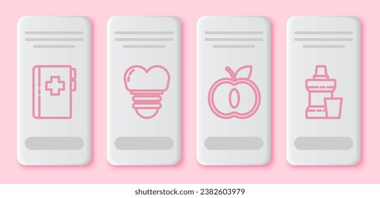 Set line Clipboard with dental card, Dental implant, Apple and Mouthwash plastic bottle. White rectangle button. Vector