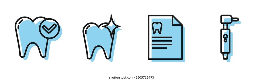 Set line Clipboard with dental card, Tooth whitening concept, Tooth whitening concept and Tooth drill icon. Vector