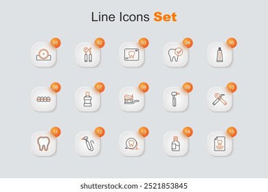 Set line Clipboard with dental card, Mouthwash, Tooth, drill, Dental mirror and probe,  and Toothbrush toothpaste icon. Vector