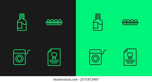 Set line Clipboard with dental card, Dental floss, Mouthwash and Teeth braces icon. Vector