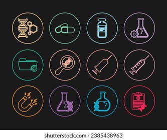 Set line Clipboard with DNA analysis, Syringe, Medical vial, ampoule, research, search, Health record folder, Genetic engineering,  and Medicine pill tablet icon. Vector