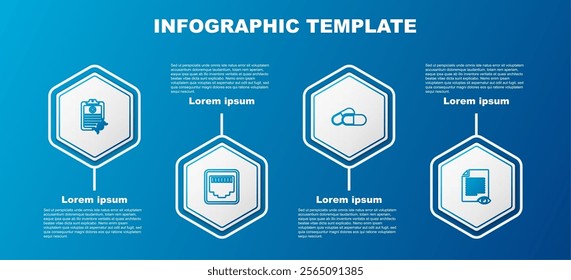 Set line Clipboard with DNA analysis, Network port cable socket, Medicine pill tablet and Paper page eye. Business infographic template. Vector