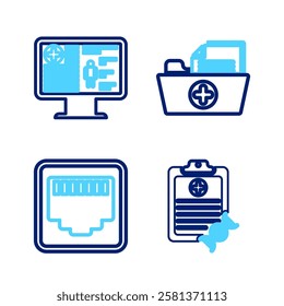 Set line Clipboard with DNA analysis, Network port cable socket, Health record folder and Clinical on monitor icon. Vector