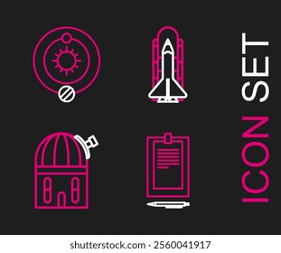 Set line Clipboard with document, Astronomical observatory, Space shuttle and rockets and Solar system icon. Vector