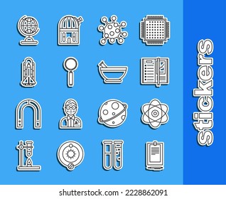 Set line Clipboard with document, Atom, Notebook, Bacteria, Magnifying glass, Space shuttle and rockets, Earth globe and Mortar pestle icon. Vector