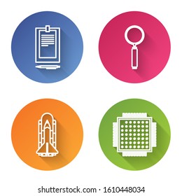 Set line Clipboard with document, Magnifying glass, Space shuttle and rockets and Processor. Color circle button. Vector