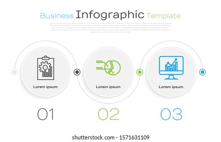 Set line Clipboard with graph chart, Pie chart infographic and Computer monitor with graph chart. Business infographic template. Vector