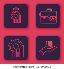 Set line Clipboard with graph chart, Pie chart infographic, Briefcase and money and Money on hand. Blue square button. Vector