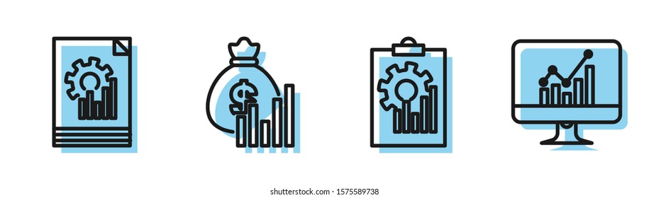 Set line Clipboard with graph chart, Document with graph chart, Money bag and diagram graph and Computer monitor with graph chart icon. Vector