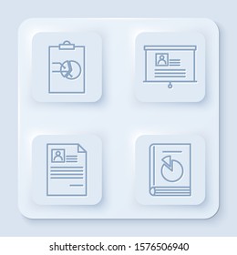 Set line Clipboard with graph chart, Board with resume, Resume and User manual. White square button. Vector