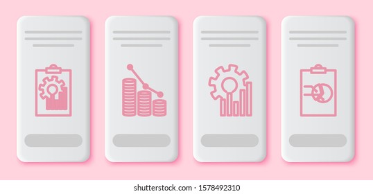Set line Clipboard with graph chart, Pie chart infographic and coin, Pie chart infographic and Clipboard with graph chart. White rectangle button. Vector