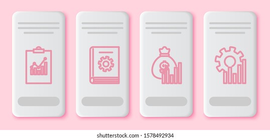 Set line Clipboard with graph chart, User manual, Money bag and diagram graph and Pie chart infographic. White rectangle button. Vector