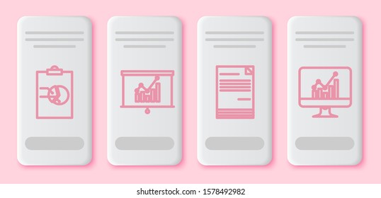 Set line Clipboard with graph chart, Board with graph chart, Document and Computer monitor with graph chart. White rectangle button. Vector