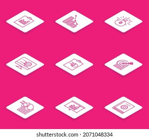 Set line Clipboard with graph chart, Pie infographic and coin, Money bag, Computer monitor, Target,  and Board icon. Vector