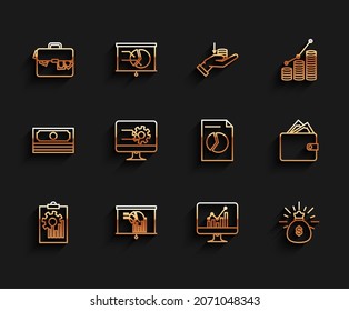 Ajuste el Portapapeles de línea con gráfico de gráficos, tablero, maletín y dinero, monitor de ordenador, Bolsa de dinero, Cartera apilará efectivo de papel e icono de documento. Vector