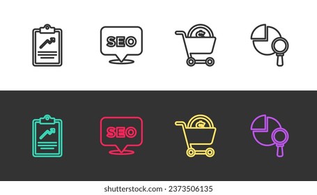 Set-Zeile-Zwischenablage mit Diagramm, SEO-Optimierung, Einkaufswagen und Dollar und Magnifying Glas Analyse auf Schwarz-Weiß. Vektorgrafik