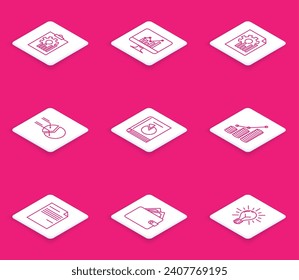 Set line Clipboard with graph chart, Computer monitor, Document, Pie infographic, User manual, and coin,  and Wallet stacks paper money cash icon. Vector
