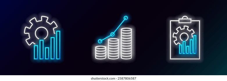 Set line Clipboard with graph chart, Pie infographic and and coin icon. Glowing neon. Vector