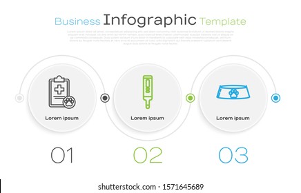 Set line Clipboard with medical clinical record pet, Medical digital thermometer and Pet food bowl for cat or dog. Business infographic template. Vector
