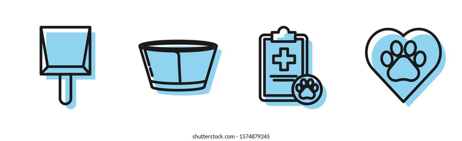 Set line Clipboard with medical clinical record pet, Dustpan, Protective cone collar and Heart with animals footprint icon. Vector