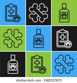 Set line Clipboard with medical clinical record pet, Dog medicine bottle and Crossed bones icon. Vector