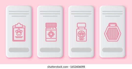 Set line Clipboard with medical clinical record pet, Dog medicine bottle and pills, Dog medicine bottle and pills and Pet carry case. White rectangle button. Vector