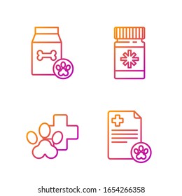 Set line Clipboard with medical clinical record pet, Veterinary clinic symbol, Bag of food for pet and Dog medicine bottle and pills. Gradient color icons. Vector