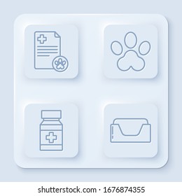 Set line Clipboard with medical clinical record pet, Paw print, Dog medicine bottle and pills and Pet bed. White square button. Vector