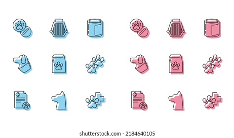 Set line Clipboard with medical clinical record pet, Cat, Dog and pills, Veterinary symbol, Bag of food for, Paw print,  and Pet carry case icon. Vector