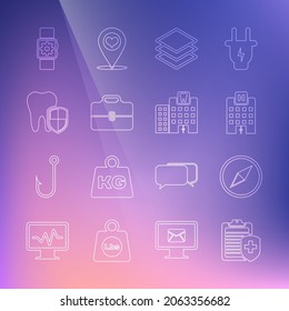 Set line Clipboard with medical insurance, Wind rose, Medical hospital building, Layers, Toolbox, Dental protection, Smartwatch setting and clinic icon. Vector