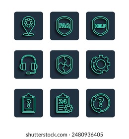 Set line Clipboard with question marks, Checklist 24 hours service, Telephone support, Shield text Help, Headphones, Location gear and  icon. Vector