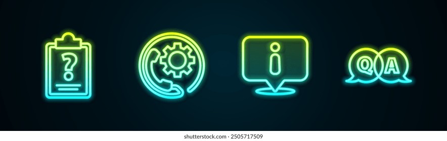 Stellen Sie eine Zwischenablage mit Fragezeichen, Telefon-Support rund um die Uhr, Informationen und Fragen und Antworten ein. Leuchtendes Neonsymbol. Vektorgrafik