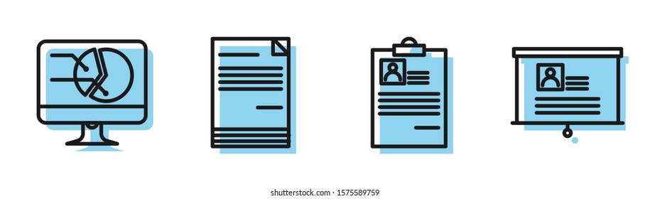 Set line Clipboard with resume, Computer monitor with graph chart, Document and Board with resume icon. Vector