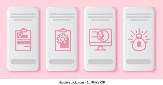 Set line Clipboard with resume, Clipboard with graph chart, Computer monitor with graph chart and Money bag. White rectangle button. Vector