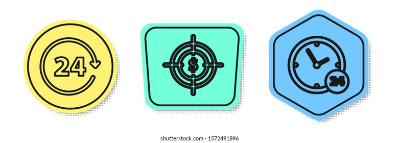 Set line Clock 24 hours, Target with dollar symbol and Clock 24 hours. Colored shapes. Vector