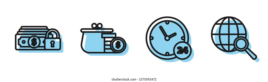 Set line Clock 24 hours, Money with lock, Wallet with coins and Magnifying glass with globe icon. Vector