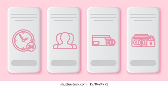 Set line Clock 24 hours, Users group, Envelope with coin dollar symbol and Money with lock. White rectangle button. Vector