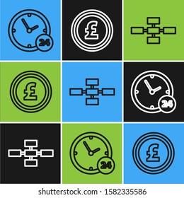 Set line Clock 24 hours, Business hierarchy organogram chart infographics and Coin money with pound sterling symbol icon. Vector