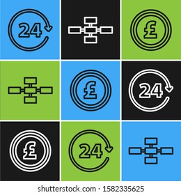 Set line Clock 24 hours, Coin money with pound sterling symbol and Business hierarchy organogram chart infographics icon. Vector