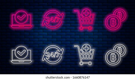 Set line Clock 24 hours, Add to Shopping cart, Laptop and Cryptocurrency coin Bitcoin. Glowing neon icon on brick wall. Vector