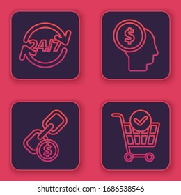 Set line Clock 24 hours, Chain link and coin, Business man planning mind and Shopping cart with check mark. Blue square button. Vector