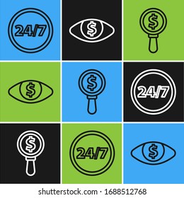 Set line Clock 24 hours, Magnifying glass and dollar and Eye with dollar icon. Vector